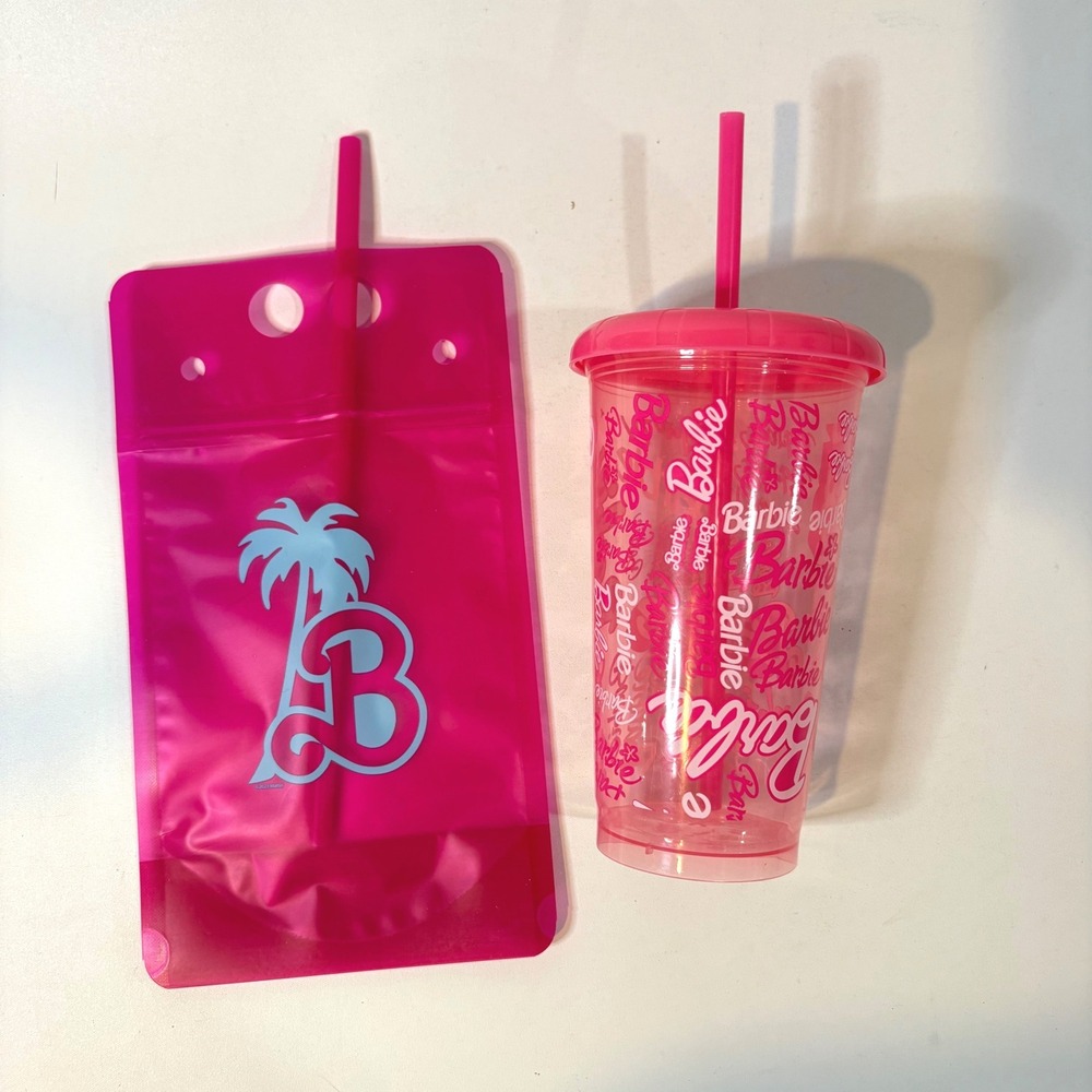 Barbie Pink Tumbler and Reusable Drink Pouch Set with Straws Mattel Movie Merch